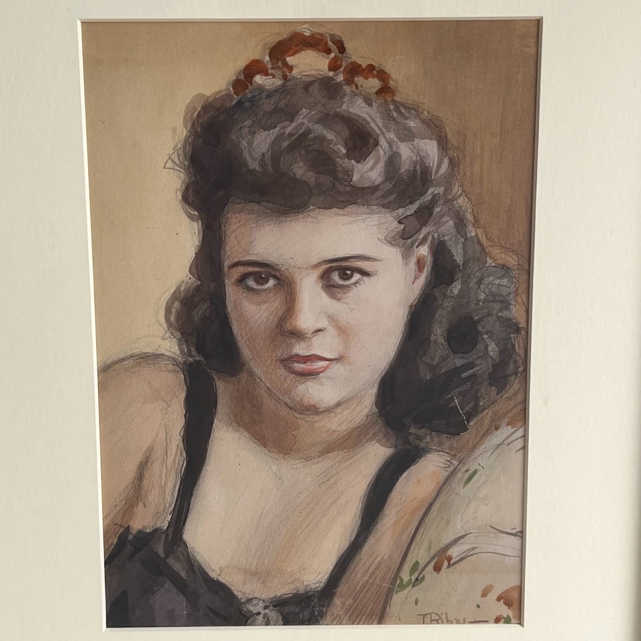 Ribas 1940s Signed Watercolor and Pencil Portrait Drawing