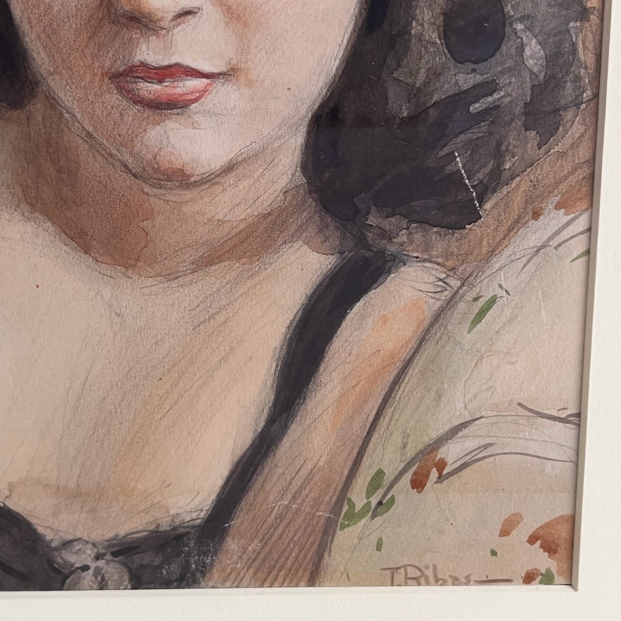 Ribas 1940s Signed Watercolor and Pencil Portrait Drawing