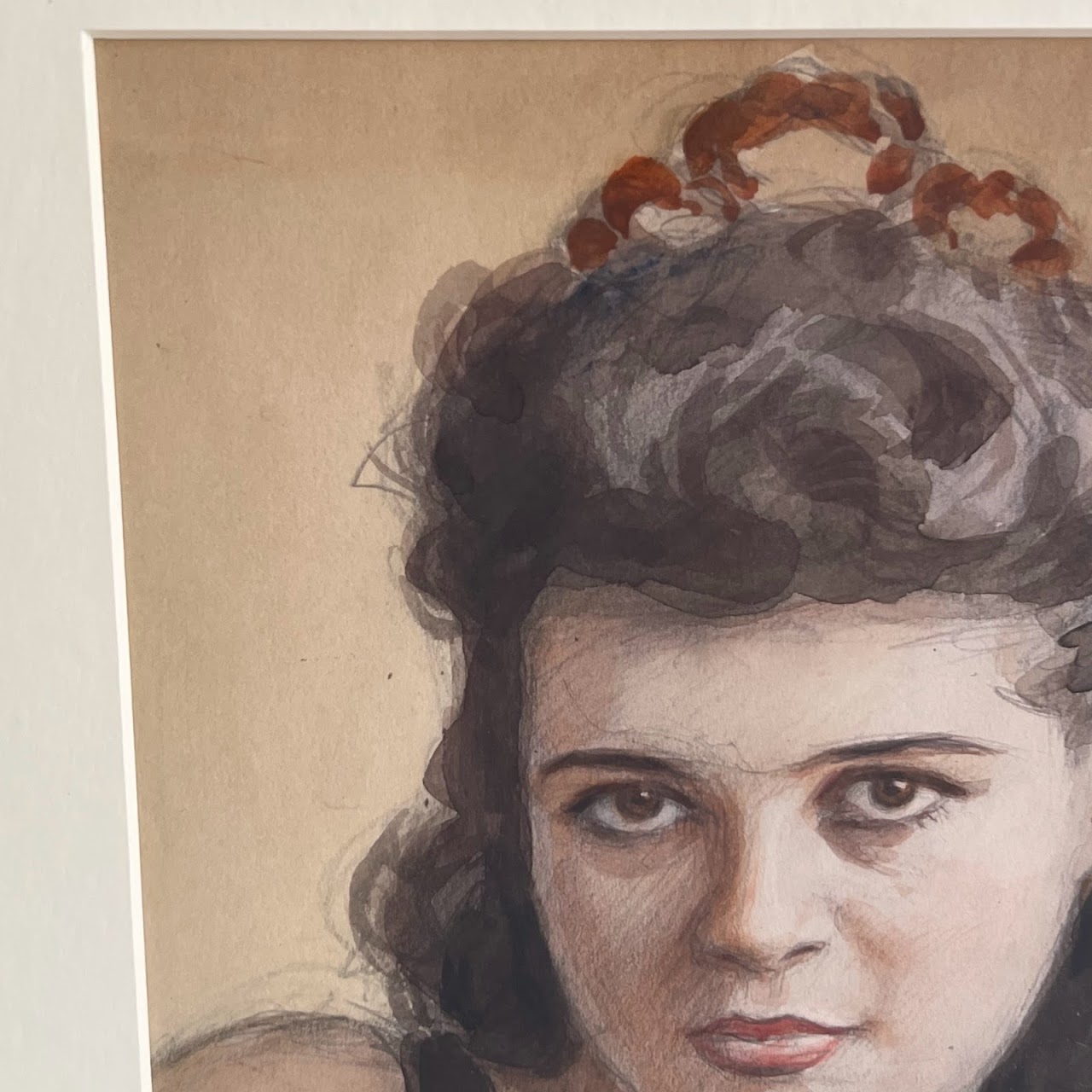 Ribas 1940s Signed Watercolor and Pencil Portrait Drawing