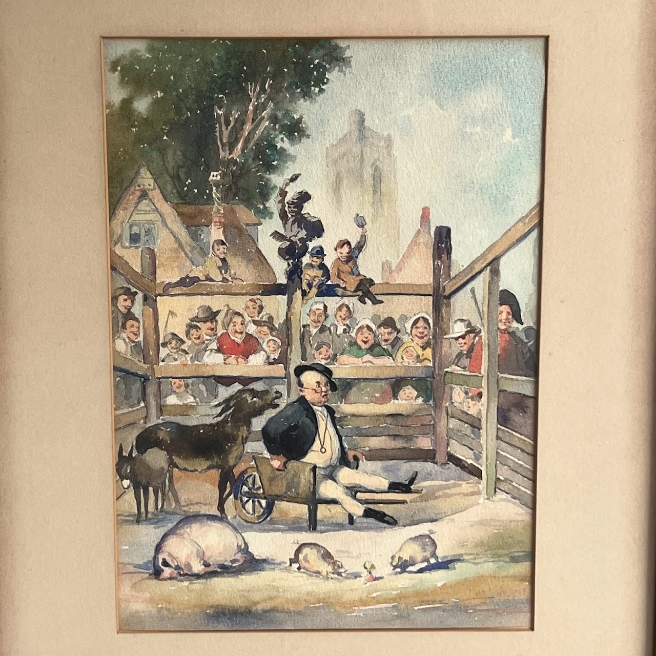 19th C. Satirical Watercolor Painting