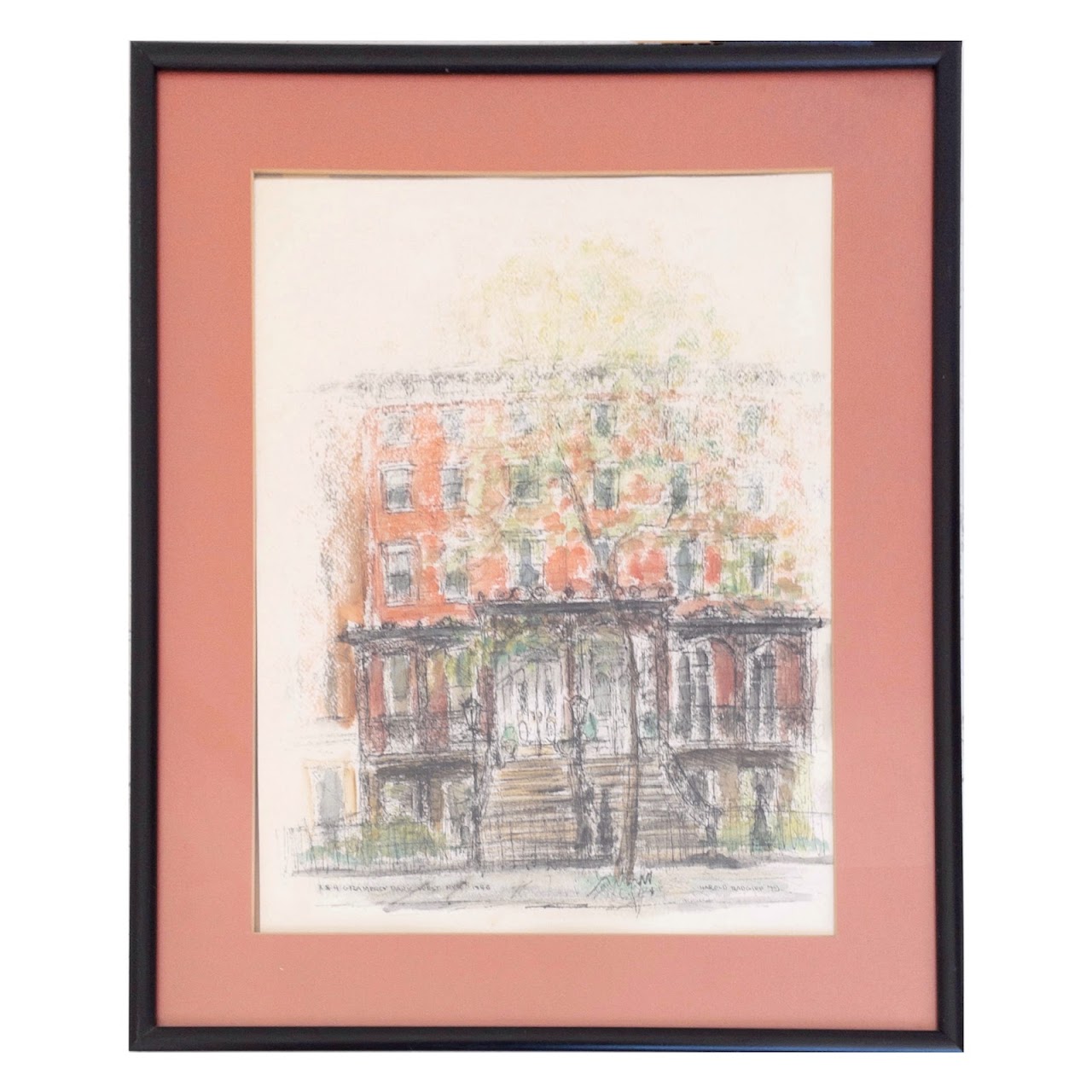 Harold Radgiff Signed Ink & Watercolor Gramercy Park Painting