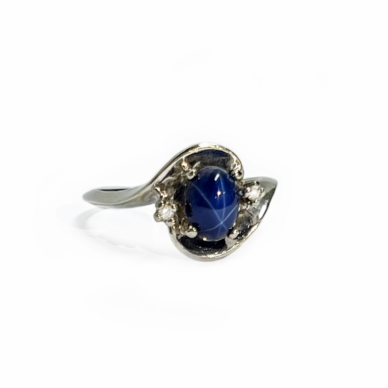 14K White Gold, Star Sapphire & Diamond Ring