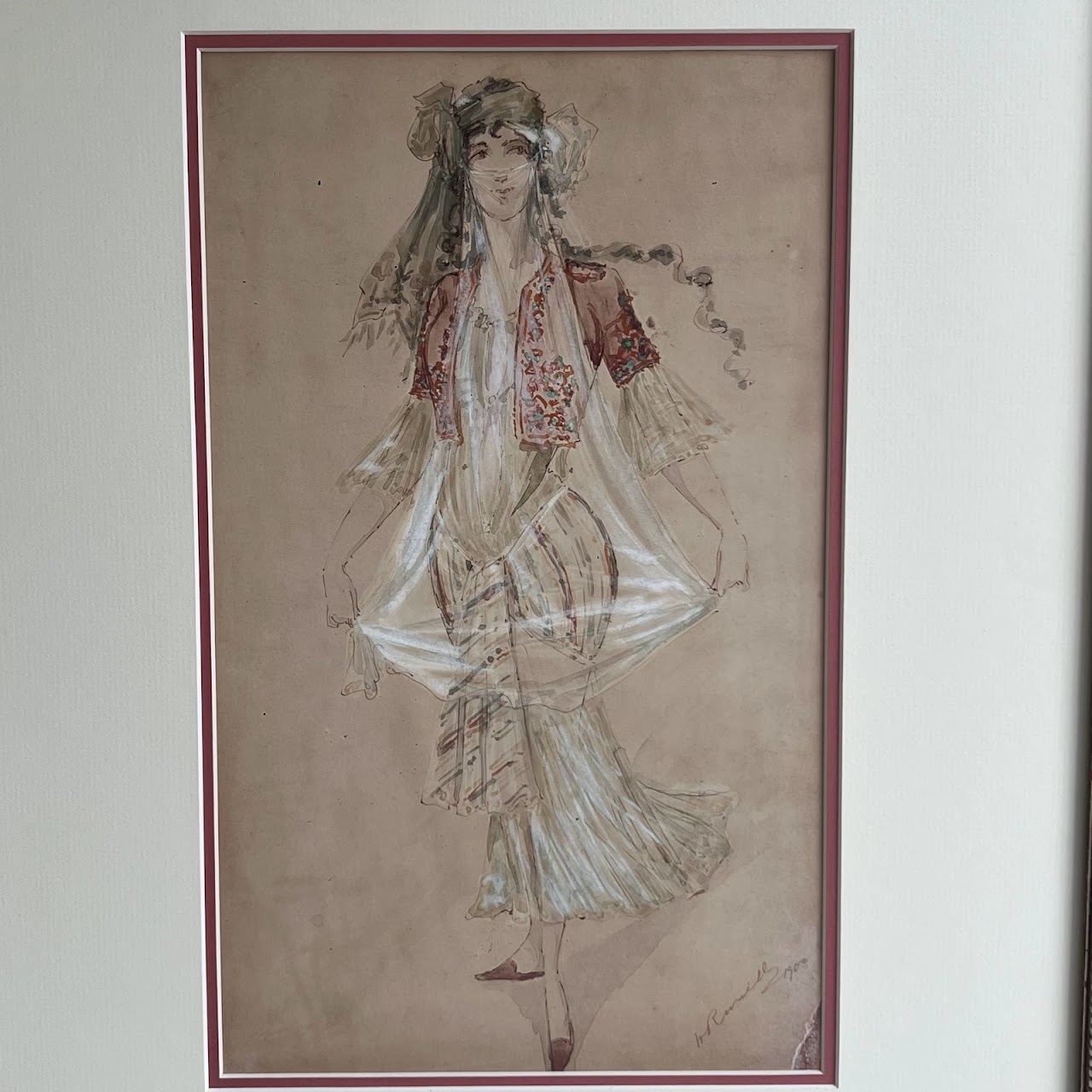 Watercolor & Gouache Signed Portrait Painting, 1900