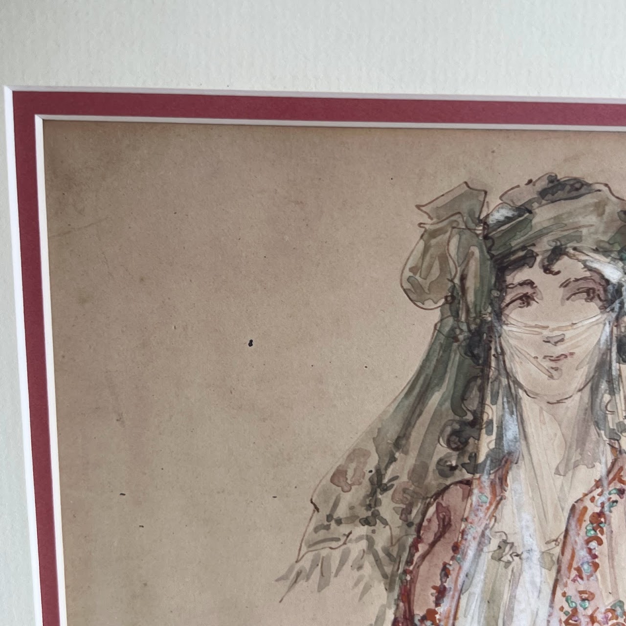 Watercolor & Gouache Signed Portrait Painting, 1900