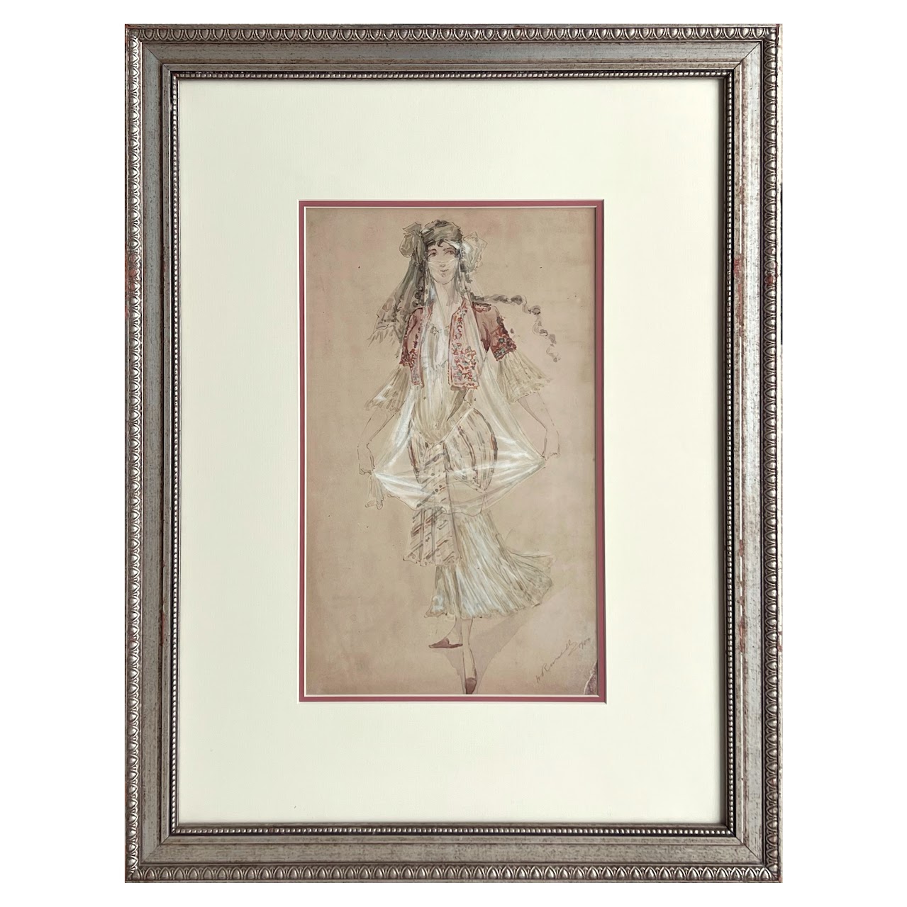 Watercolor & Gouache Signed Portrait Painting, 1900