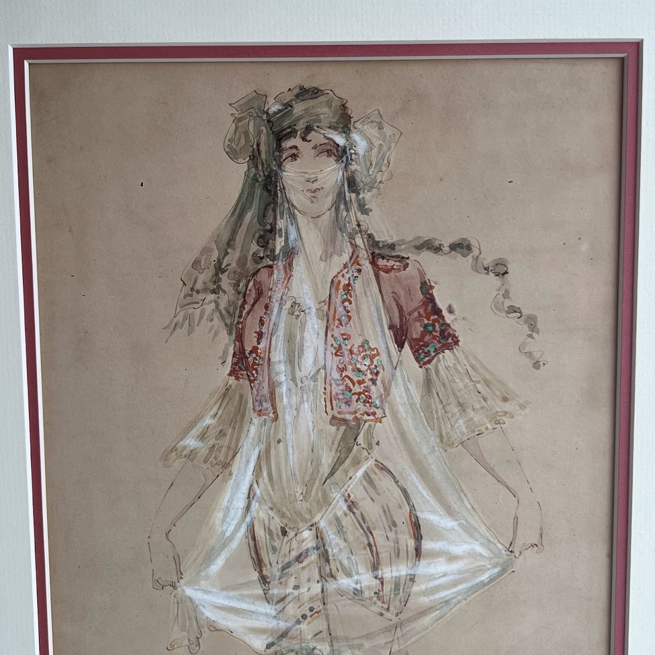 Watercolor & Gouache Signed Portrait Painting, 1900