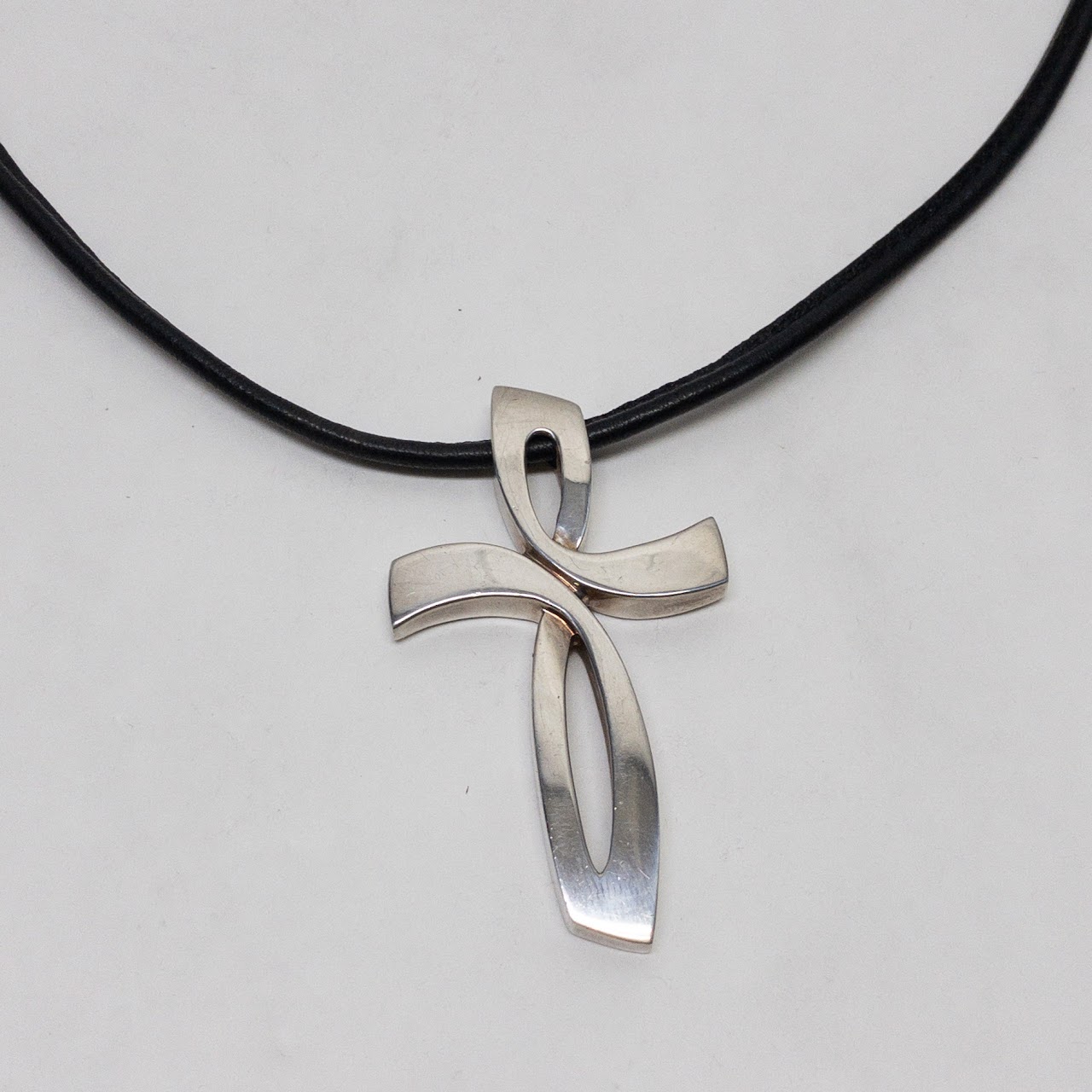 Nambè  Sterling Silver & Leather Modernist Cross Necklace