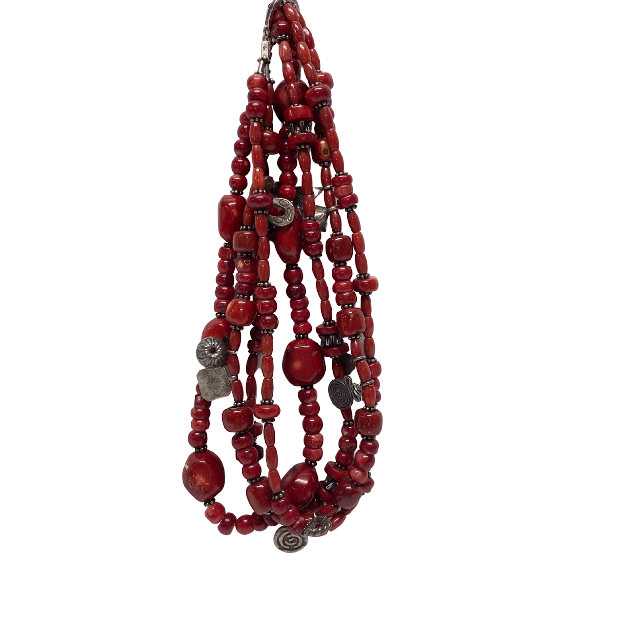 Sterling Silver & Red Coral Four Strand Necklace