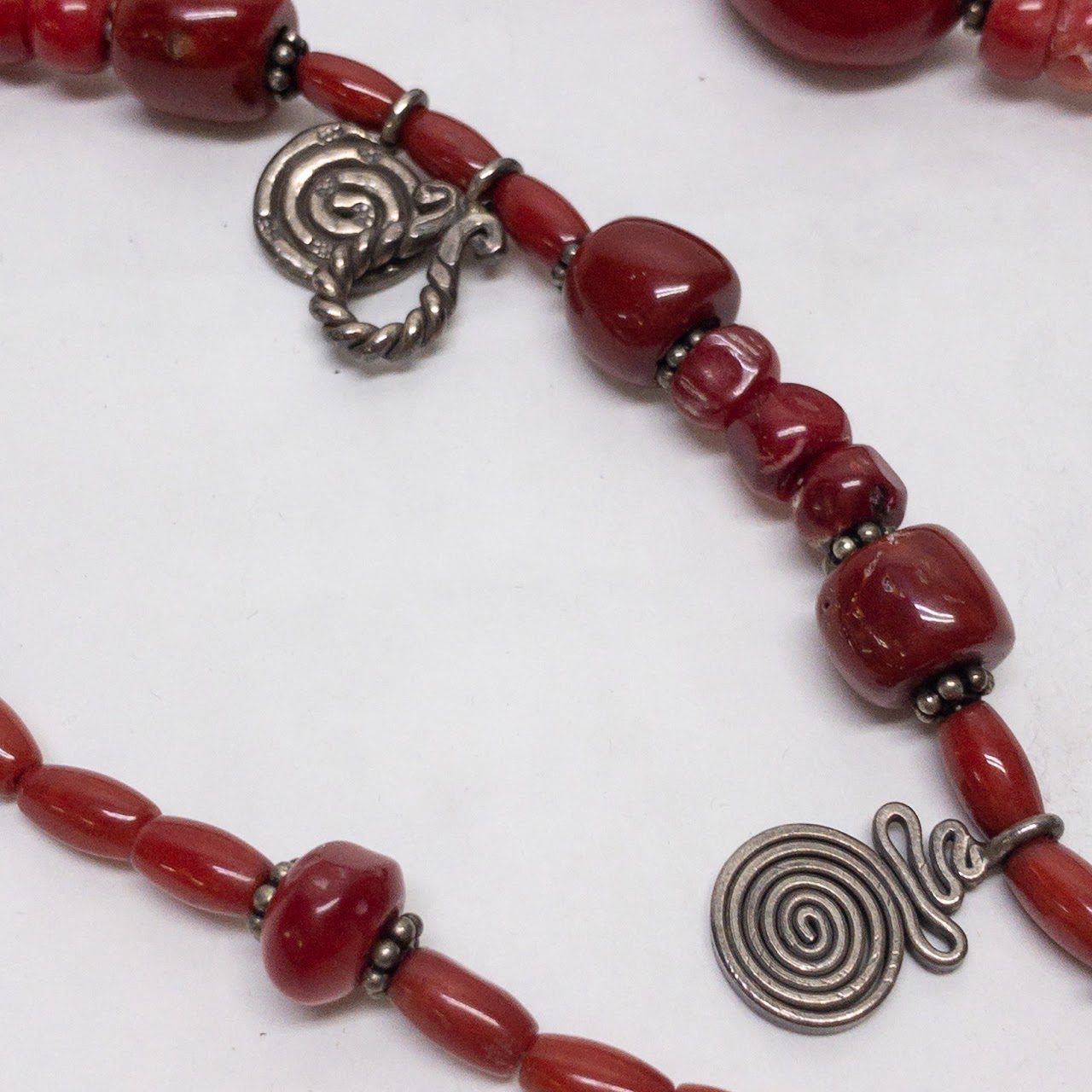 Sterling Silver & Red Coral Four Strand Necklace