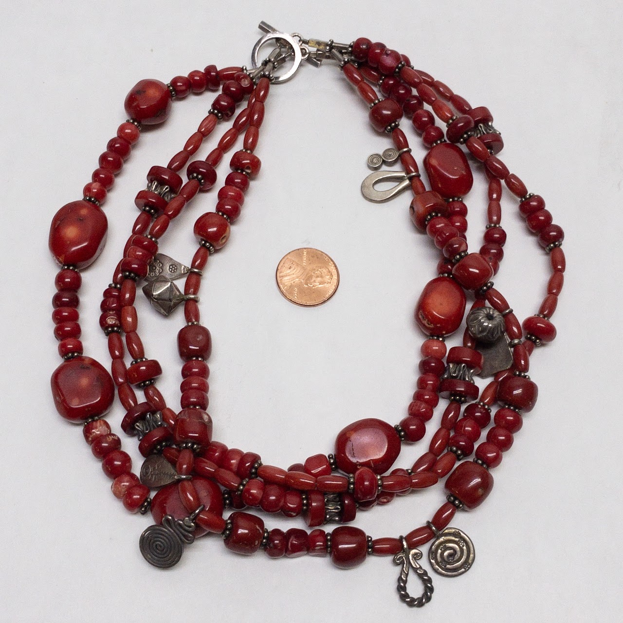 Sterling Silver & Red Coral Four Strand Necklace