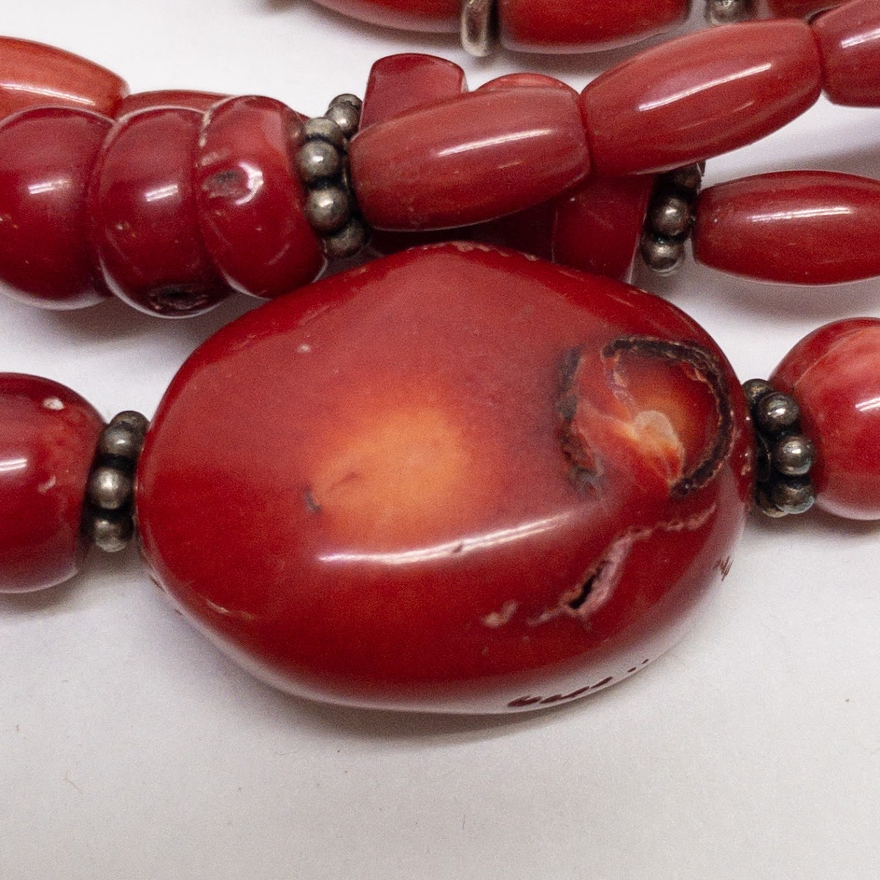 Sterling Silver & Red Coral Four Strand Necklace