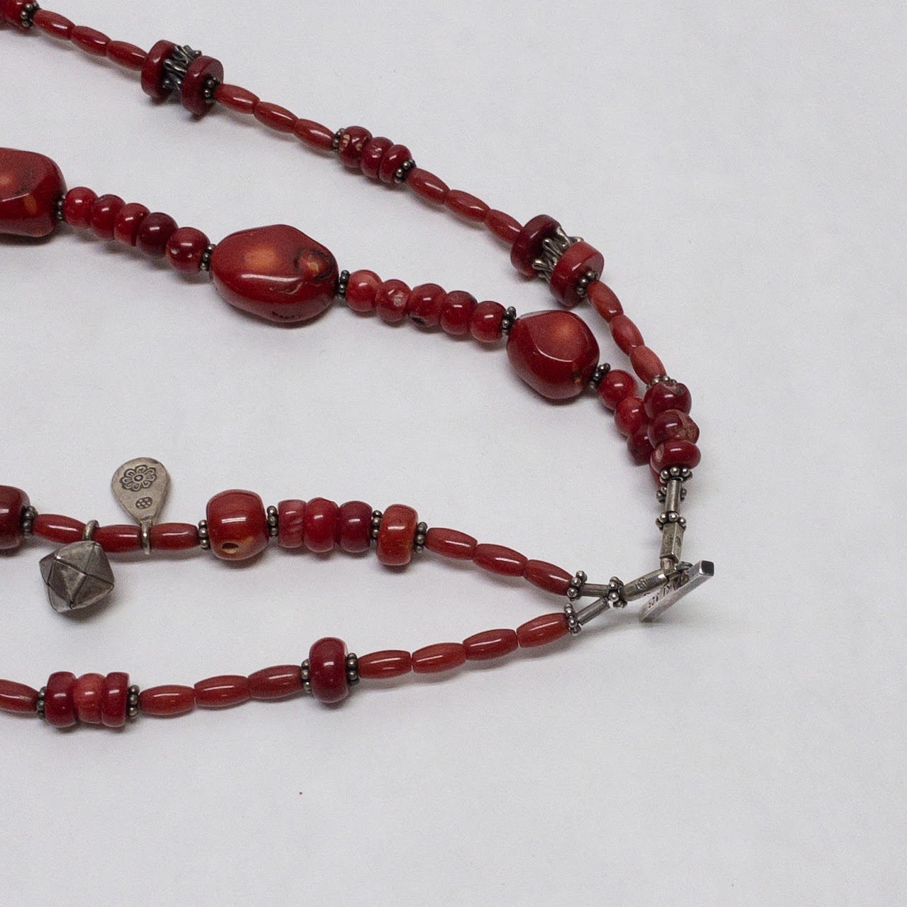 Sterling Silver & Red Coral Four Strand Necklace