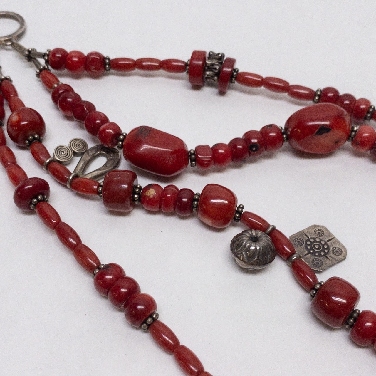 Sterling Silver & Red Coral Four Strand Necklace