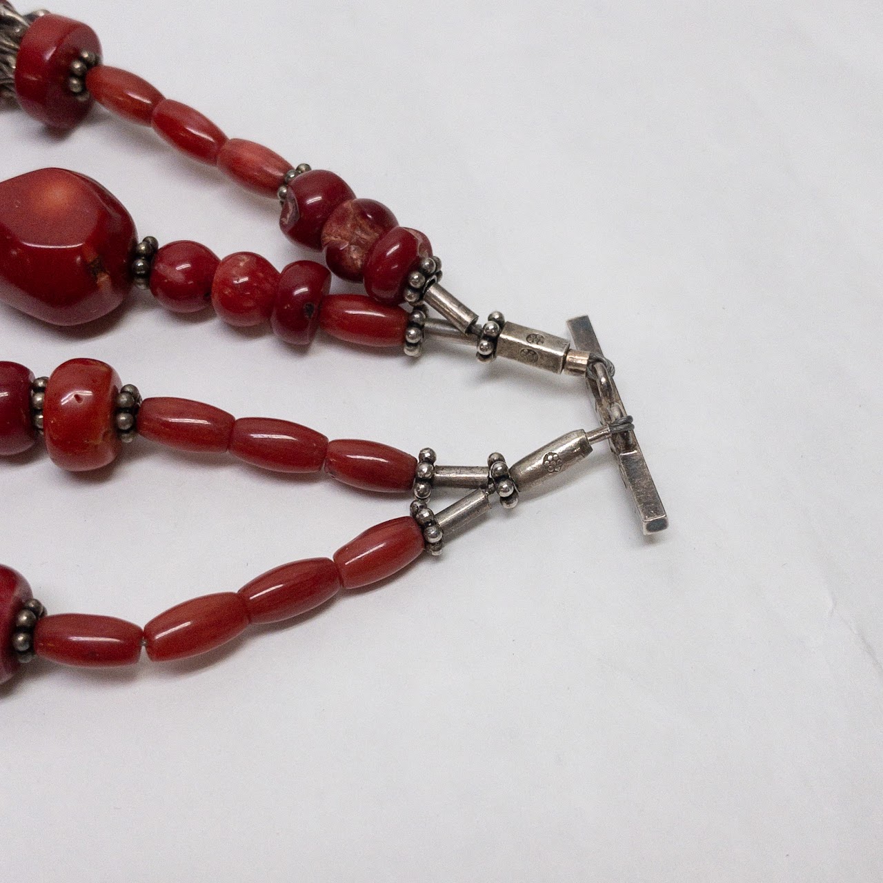 Sterling Silver & Red Coral Four Strand Necklace