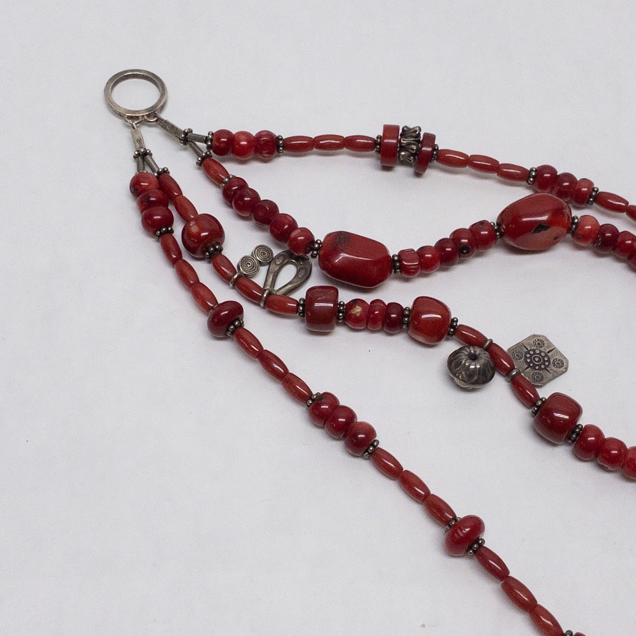 Sterling Silver & Red Coral Four Strand Necklace