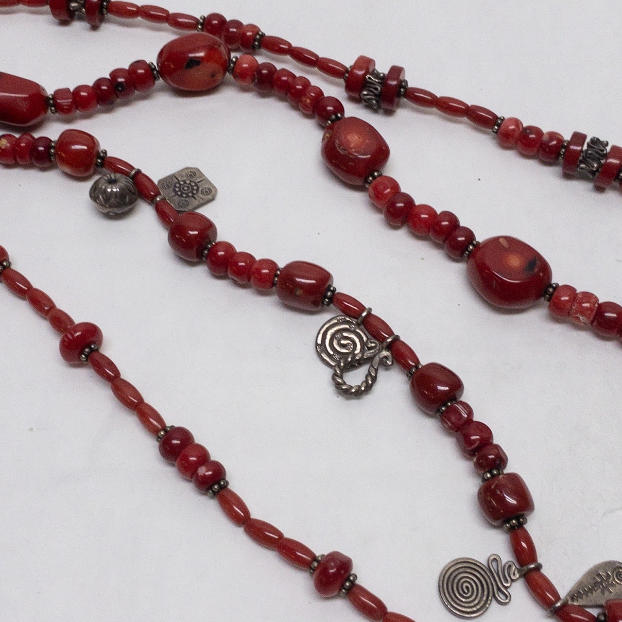 Sterling Silver & Red Coral Four Strand Necklace