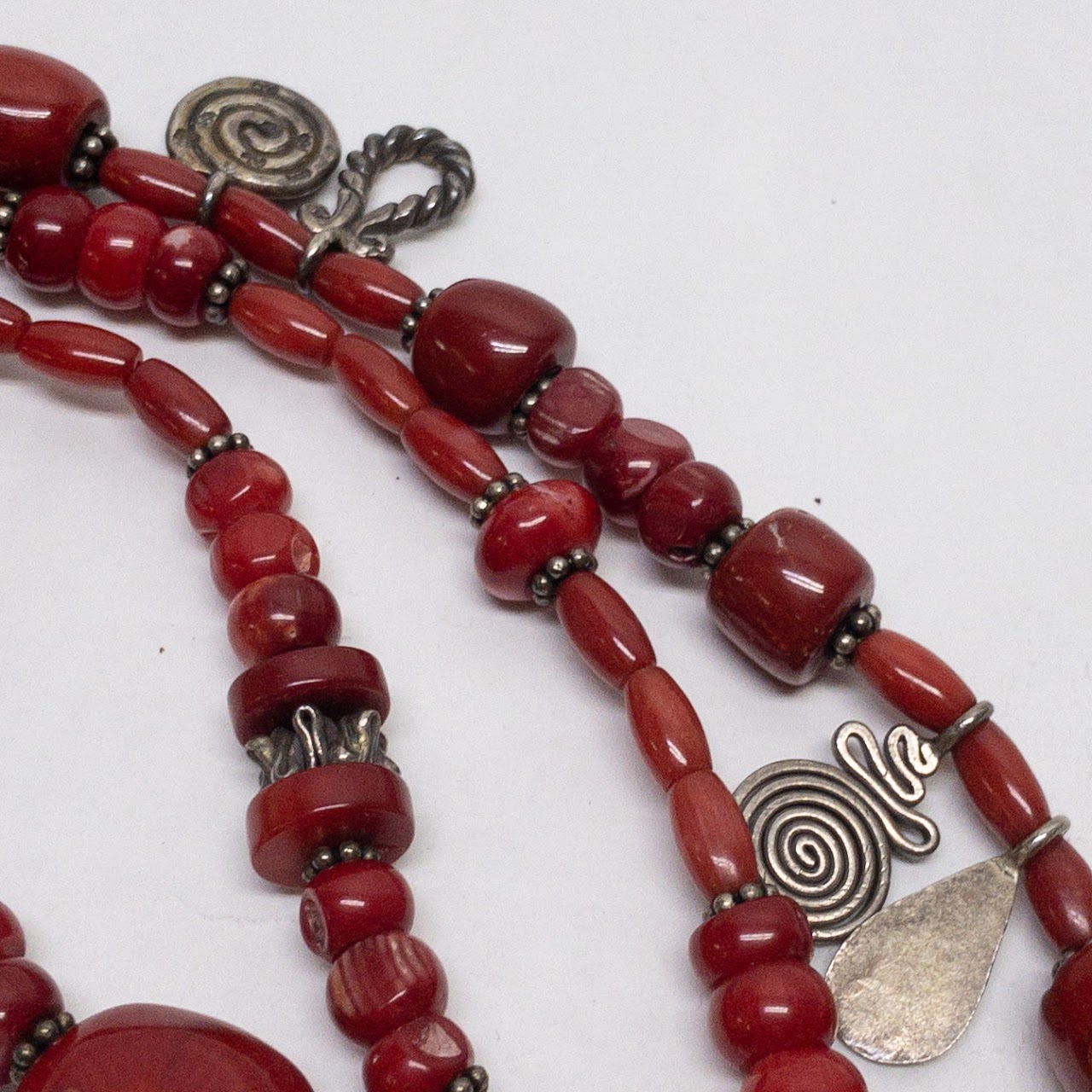 Sterling Silver & Red Coral Four Strand Necklace