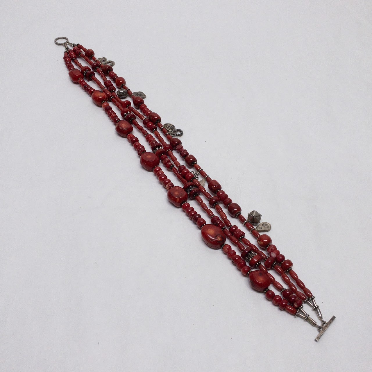 Sterling Silver & Red Coral Four Strand Necklace