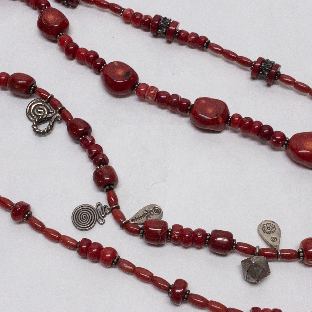 Sterling Silver & Red Coral Four Strand Necklace