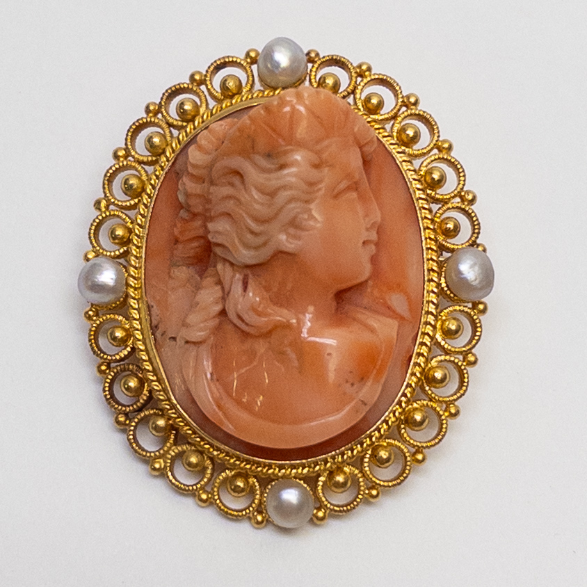 14K Gold, Seed Pearl, and Pink Stone Cameo Brooch