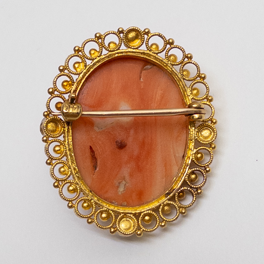 14K Gold, Seed Pearl, and Pink Stone Cameo Brooch