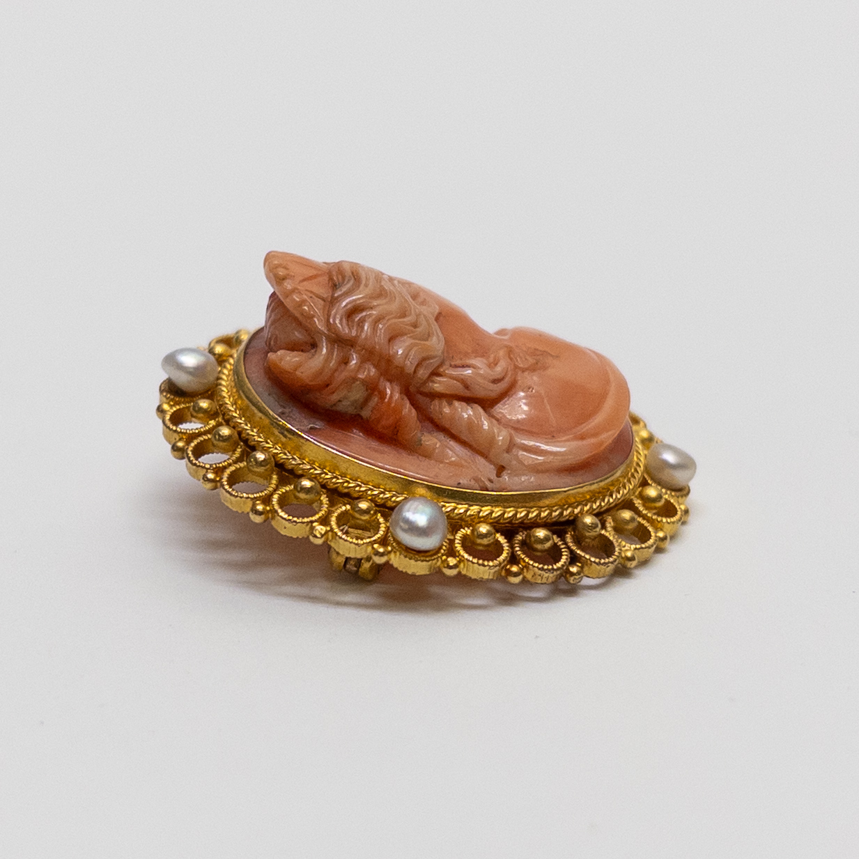 14K Gold, Seed Pearl, and Pink Stone Cameo Brooch