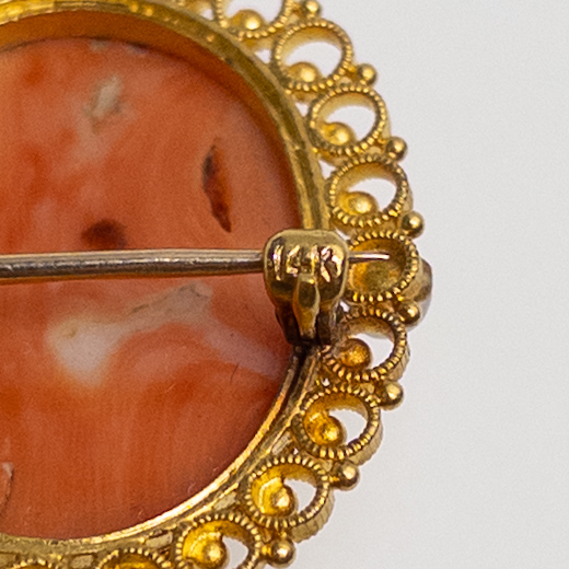 14K Gold, Seed Pearl, and Pink Stone Cameo Brooch