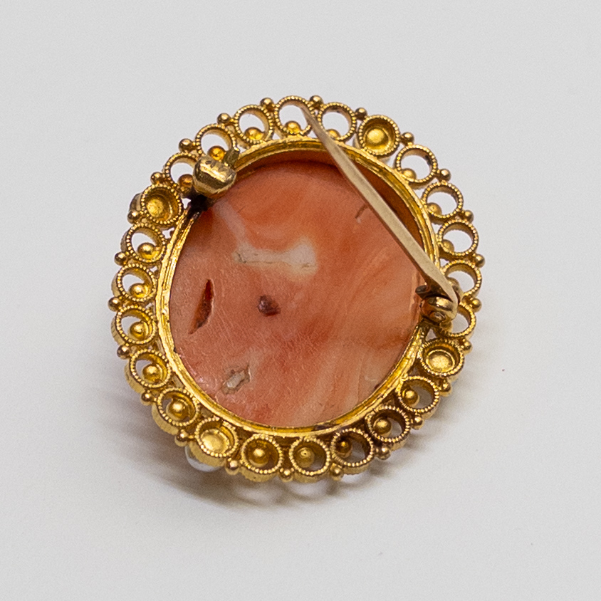 14K Gold, Seed Pearl, and Pink Stone Cameo Brooch