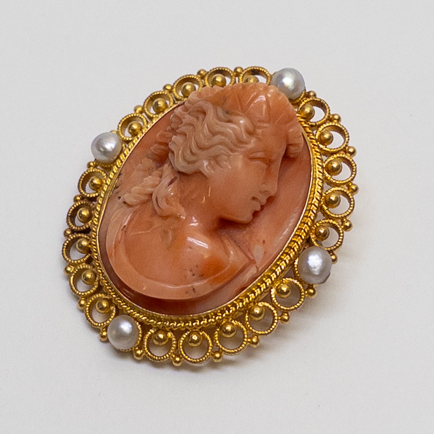 14K Gold, Seed Pearl, and Pink Stone Cameo Brooch