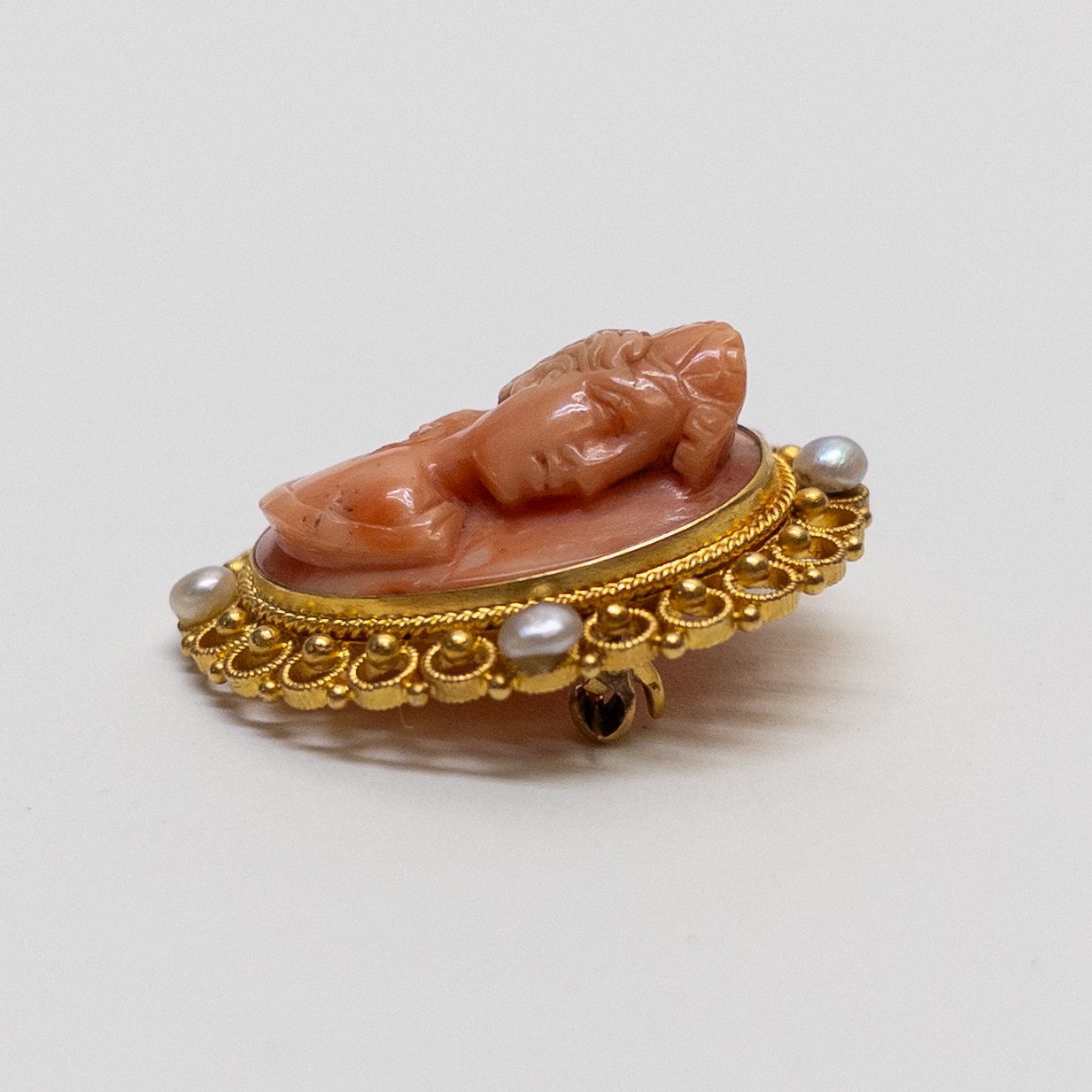 14K Gold, Seed Pearl, and Pink Stone Cameo Brooch