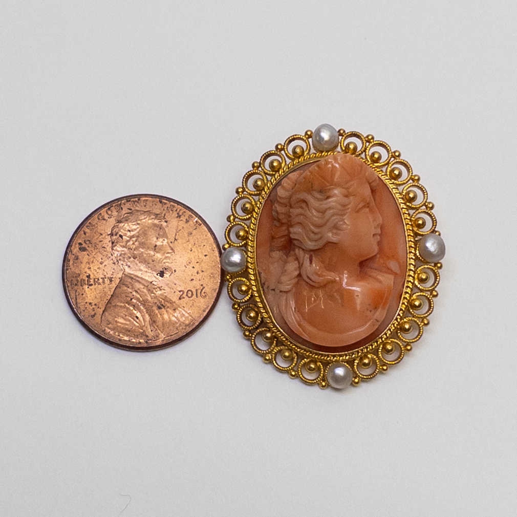 14K Gold, Seed Pearl, and Pink Stone Cameo Brooch