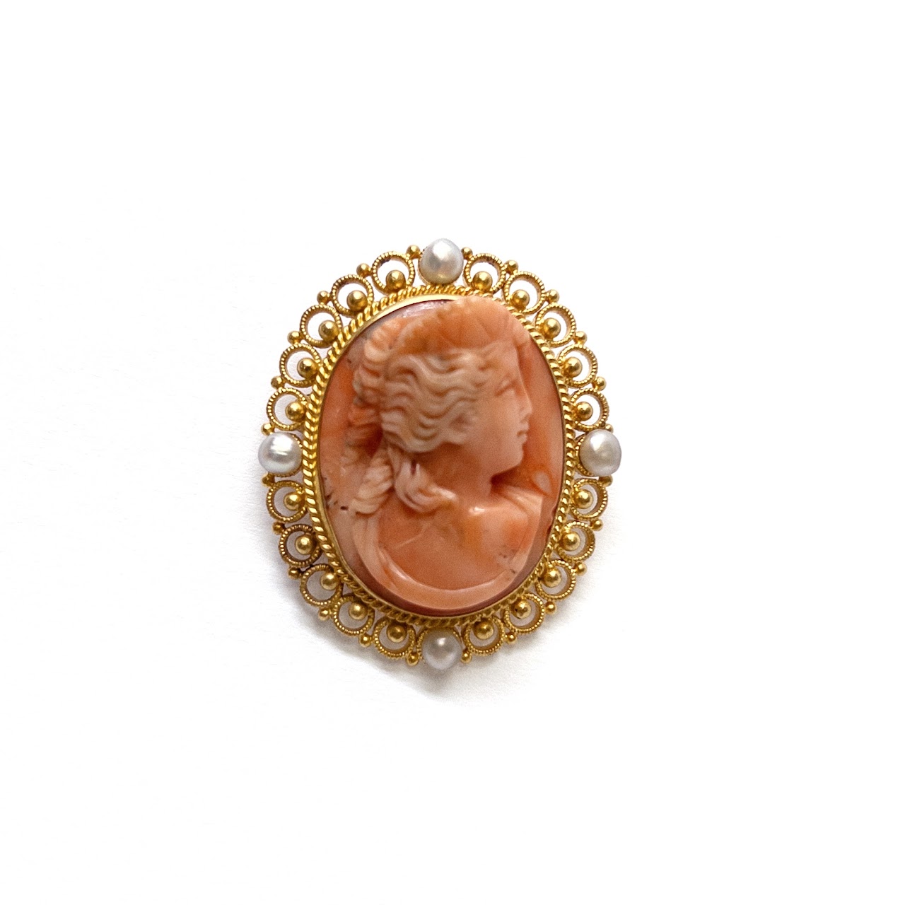 14K Gold, Seed Pearl, and Pink Stone Cameo Brooch