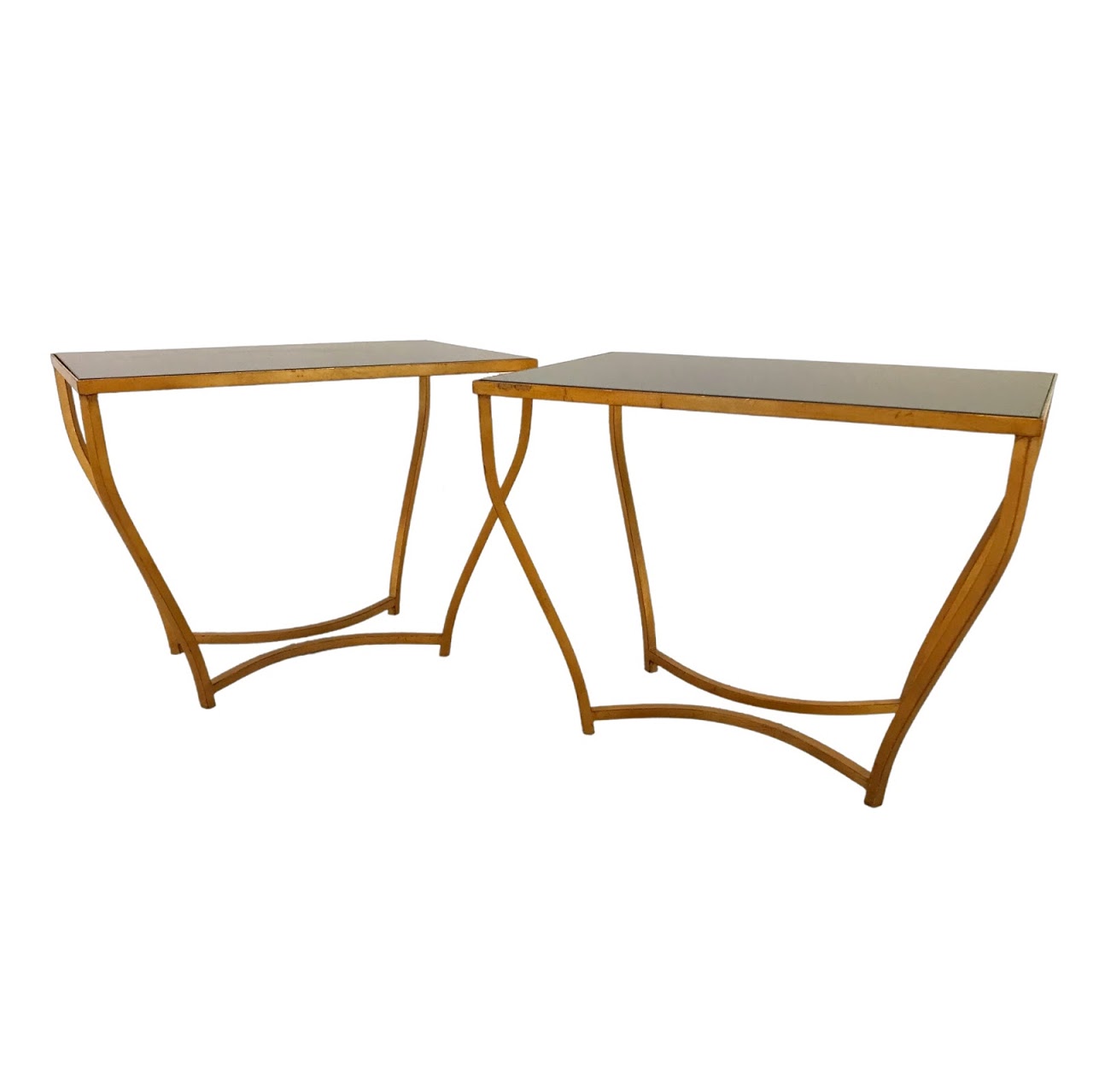 Gilt Black Glass-Top Side Table Pair