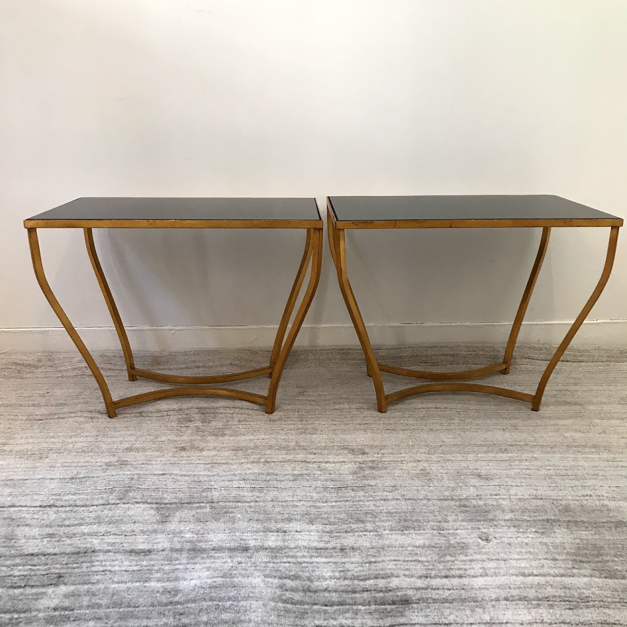 Gilt Black Glass-Top Side Table Pair