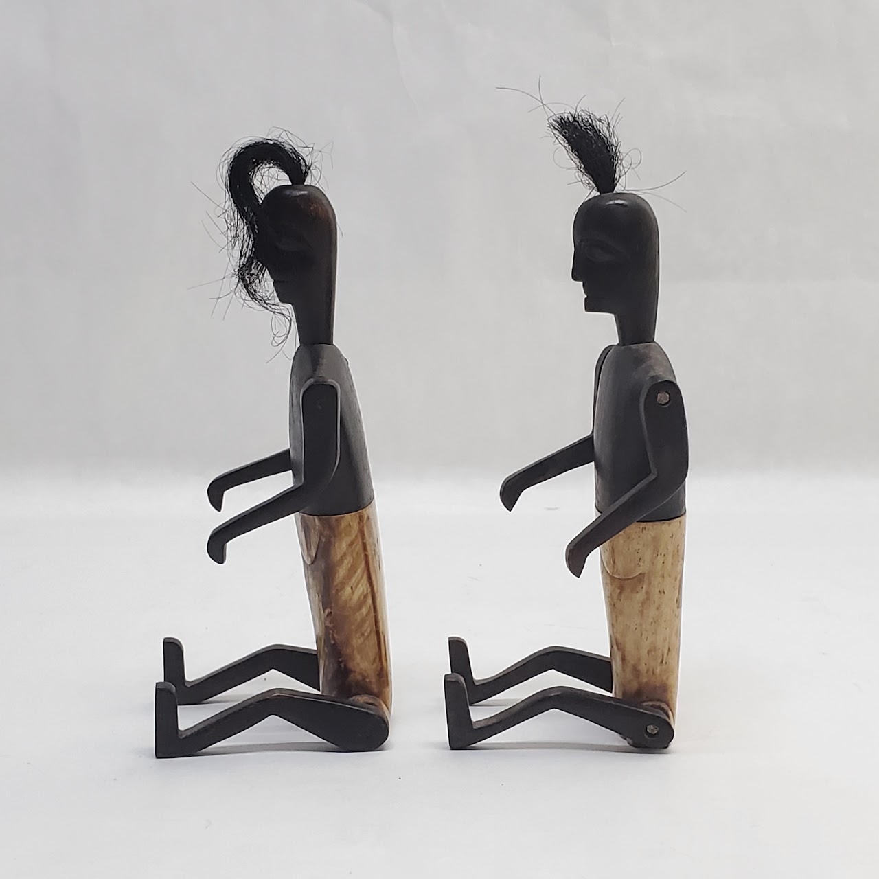 African Carved Wood And Bovine Bone Figurine Pair