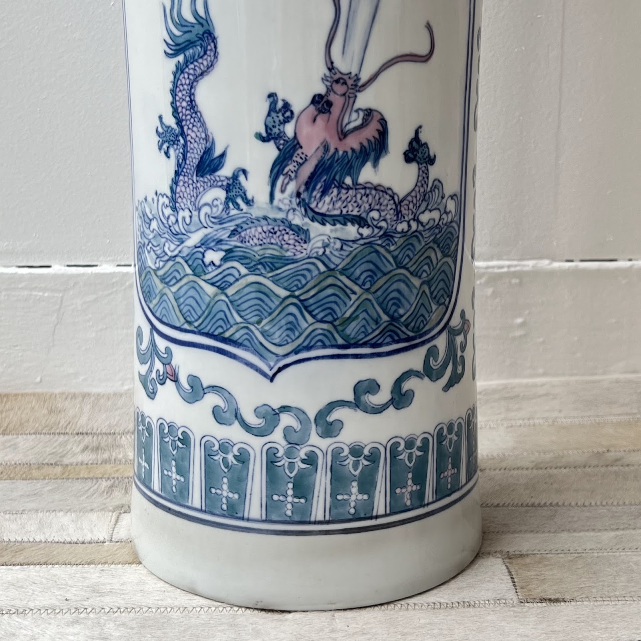 Chinese Porcelain Peacock and Dragon Tall Vase