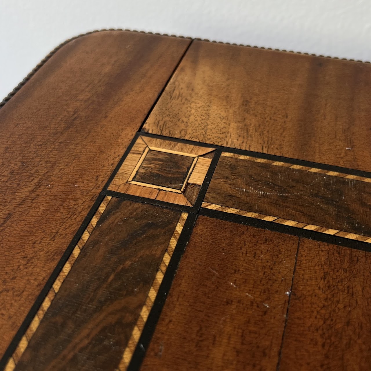 Parquetry Inlaid Mahogany Pedestal Top Game Table with Bakelite Checkers