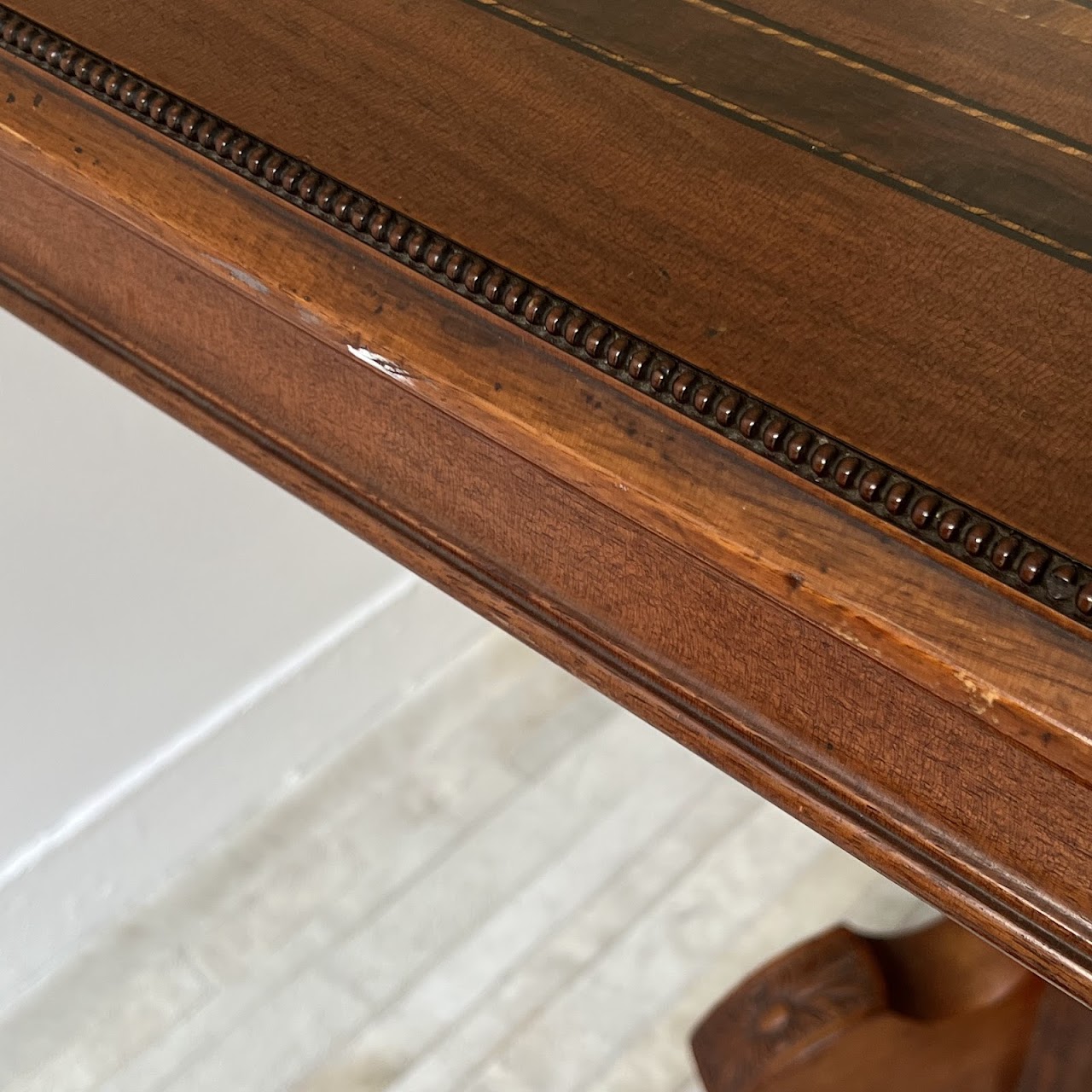 Parquetry Inlaid Mahogany Pedestal Top Game Table with Bakelite Checkers