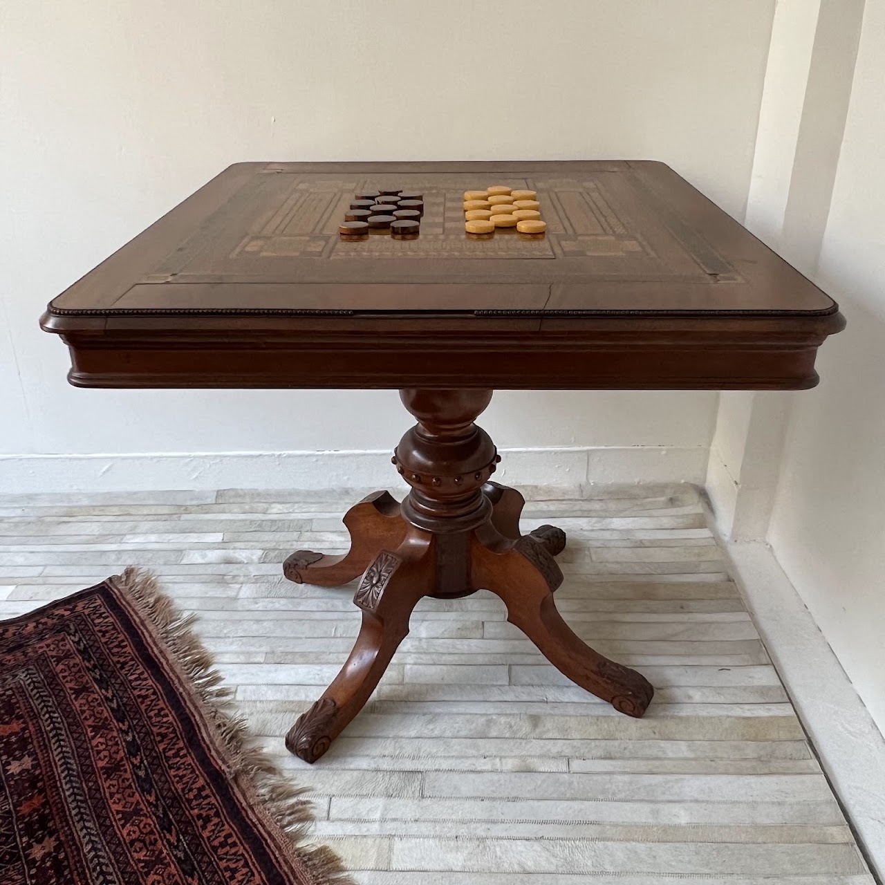 Parquetry Inlaid Mahogany Pedestal Top Game Table with Bakelite Checkers