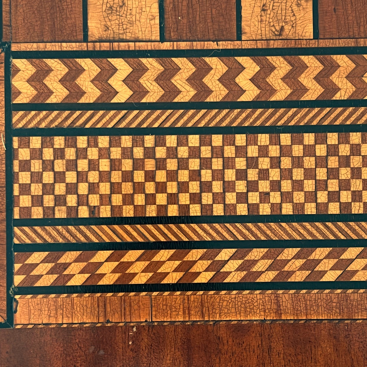 Parquetry Inlaid Mahogany Pedestal Top Game Table with Bakelite Checkers