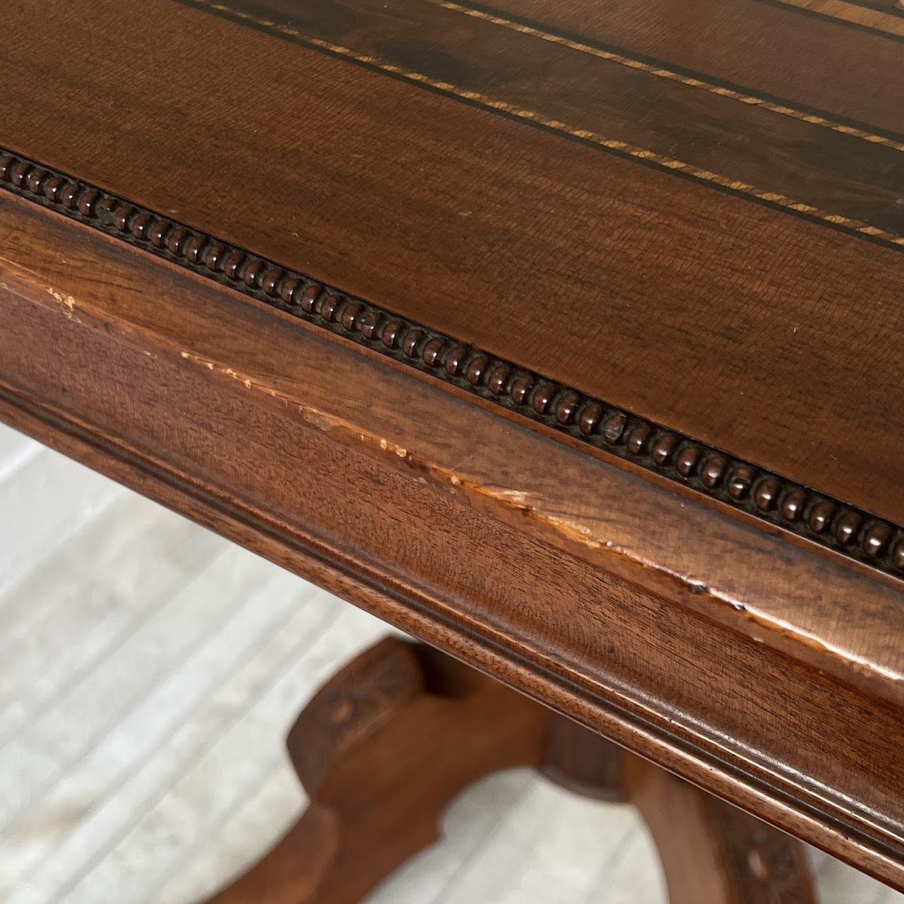 Parquetry Inlaid Mahogany Pedestal Top Game Table with Bakelite Checkers