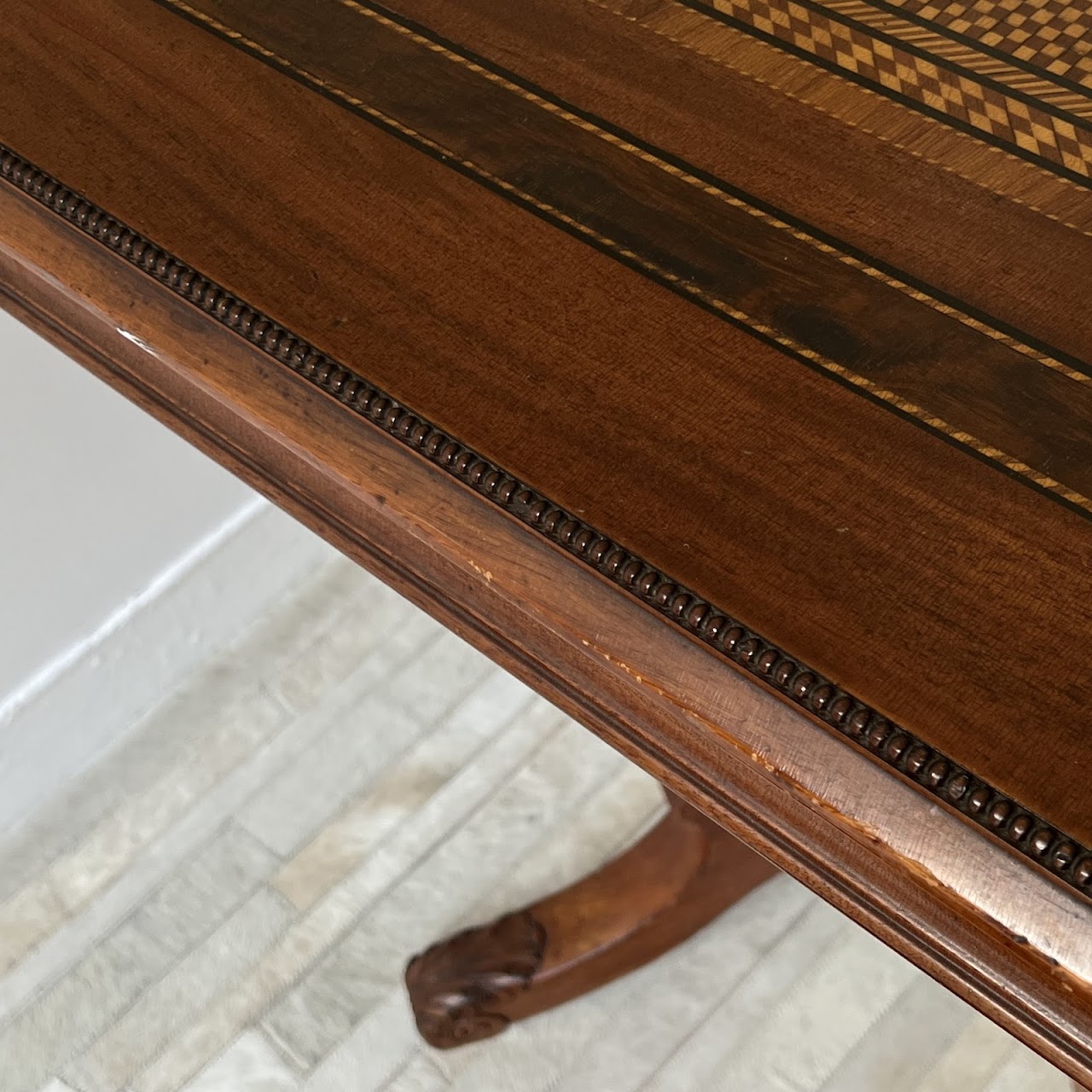 Parquetry Inlaid Mahogany Pedestal Top Game Table with Bakelite Checkers