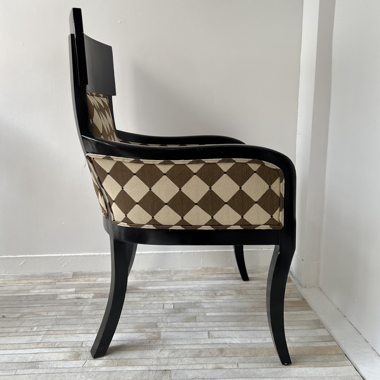 Milano Styles Post-Modernist Ebonized Alder and Diamond Check Jacquard Armchair Pair