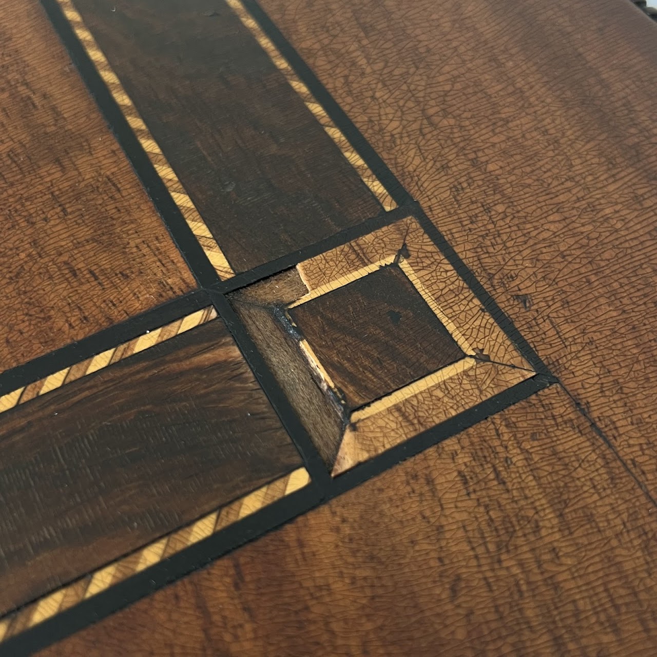 Parquetry Inlaid Mahogany Pedestal Top Game Table with Bakelite Checkers