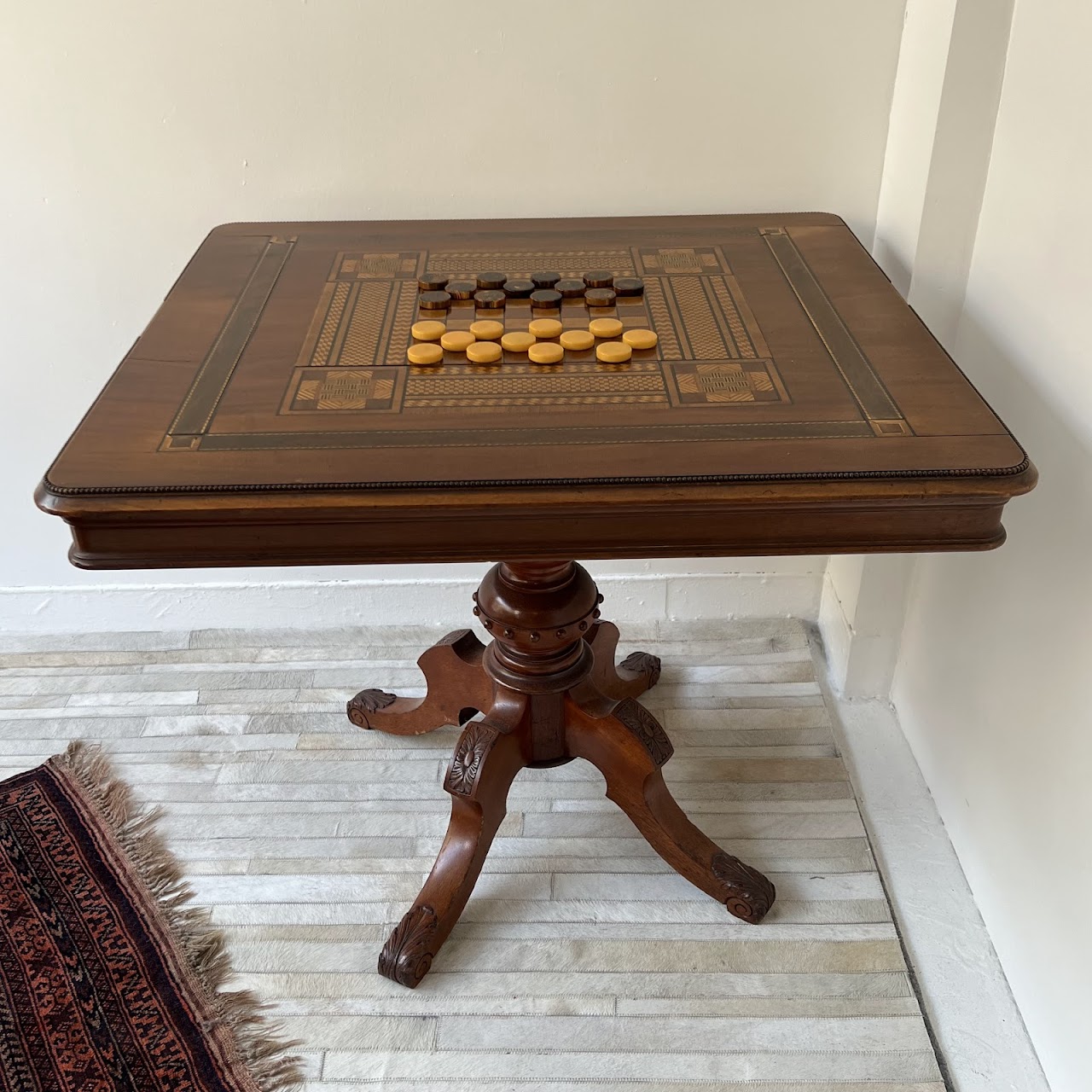 Parquetry Inlaid Mahogany Pedestal Top Game Table with Bakelite Checkers