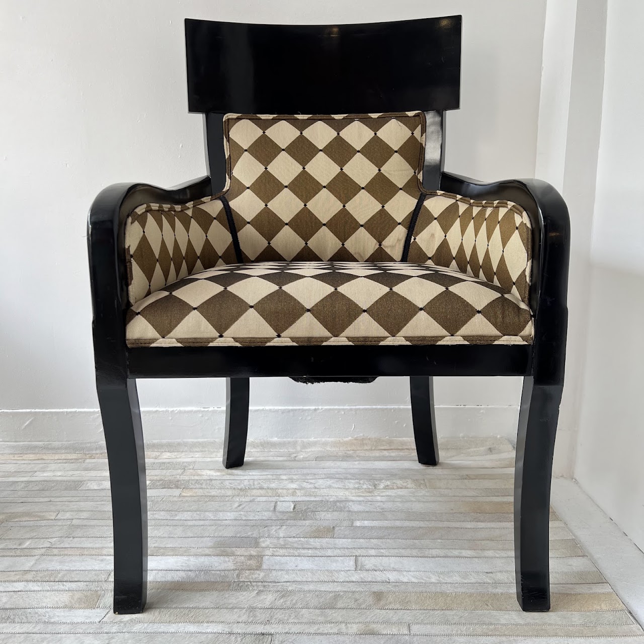 Milano Styles Post-Modernist Ebonized Alder and Diamond Check Jacquard Armchair Pair