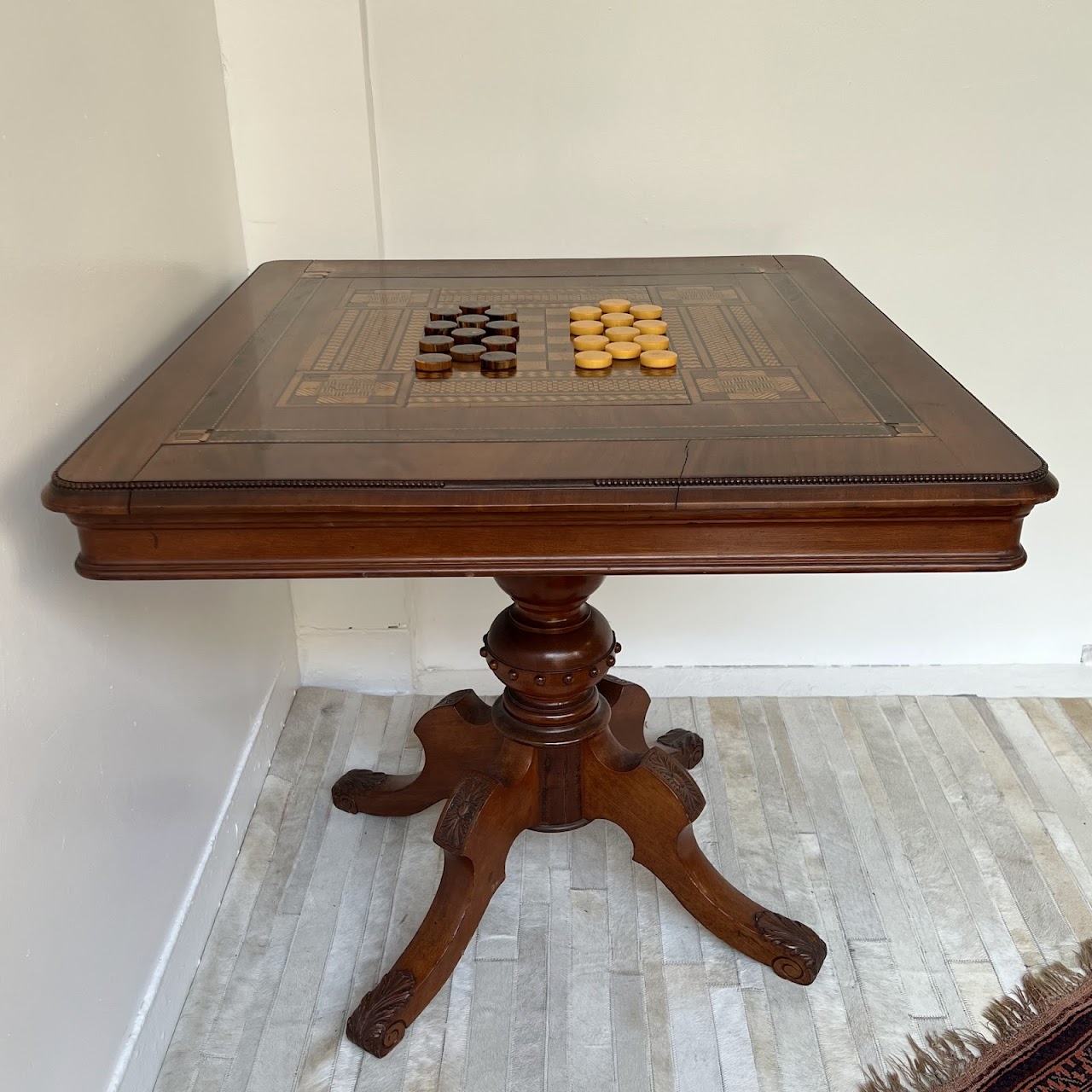 Parquetry Inlaid Mahogany Pedestal Top Game Table with Bakelite Checkers