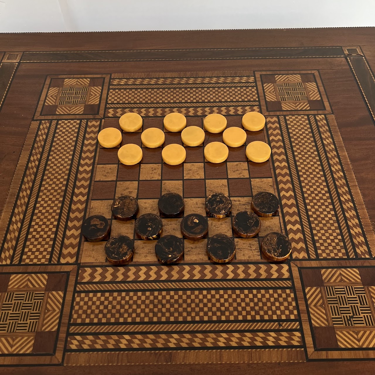 Parquetry Inlaid Mahogany Pedestal Top Game Table with Bakelite Checkers