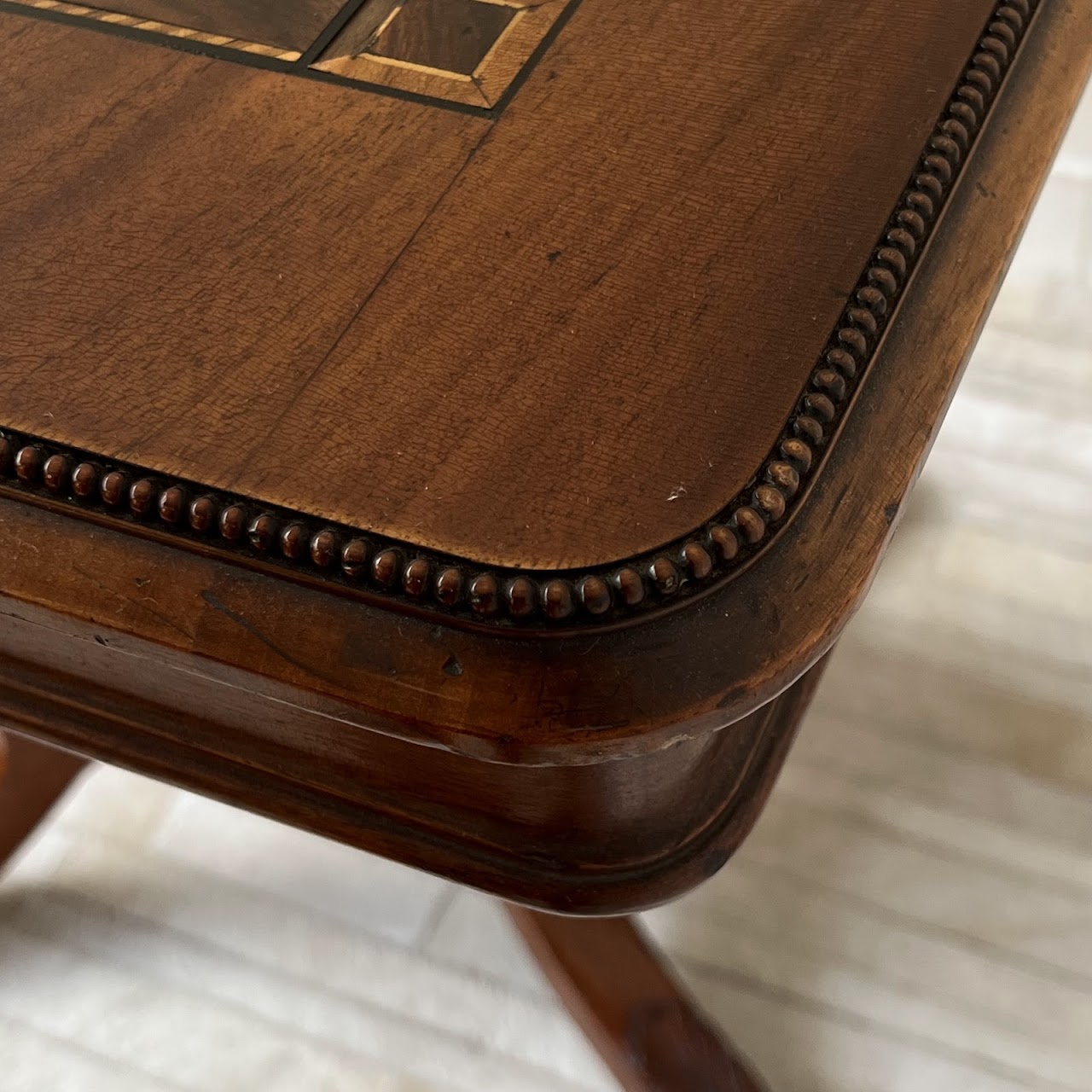 Parquetry Inlaid Mahogany Pedestal Top Game Table with Bakelite Checkers