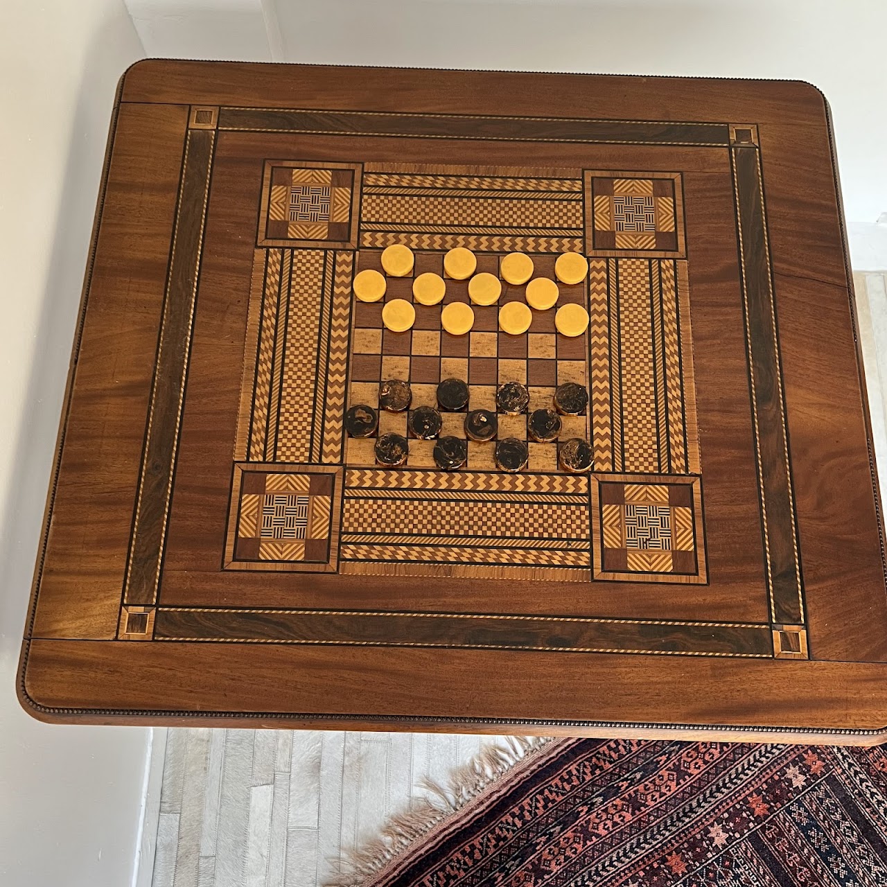 Parquetry Inlaid Mahogany Pedestal Top Game Table with Bakelite Checkers